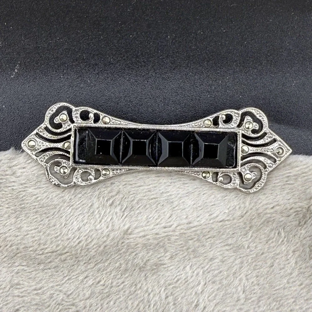 Vintage 1928 Brooch Silver Tone Marcasite Deco Revival Black Bar Pin